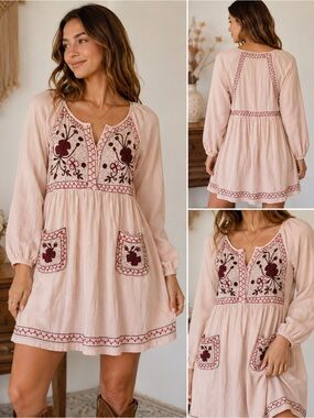 French Connection Boho Embroidered Mini Dress Pink Floral Cottagecore  Size 4